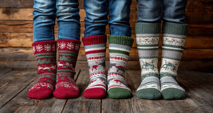 Kids wear colorful socks while standing on a wooden floor