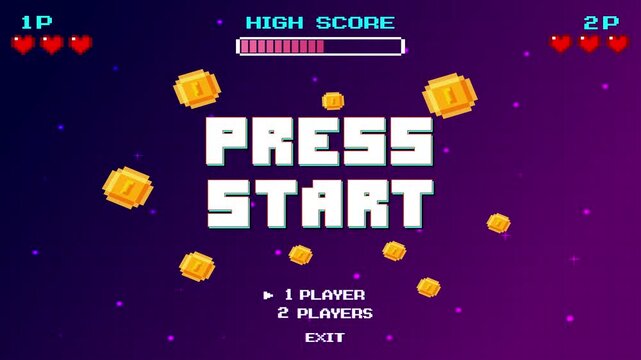 Press Start. 8-bit pixel art, retro futuristic sci-fi background, glowing neon grid and stars from vintage arcade computer games.