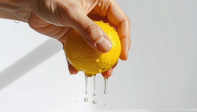 Hand squeezing a wet, vibrant yellow lemon, juice dripping