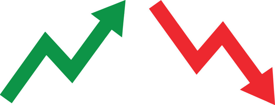 Green upward growth arrow and red downward decline arrow symbols for business and finance analysis