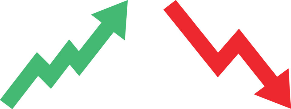 Green arrow pointing up and red arrow pointing down showing market growth and decline