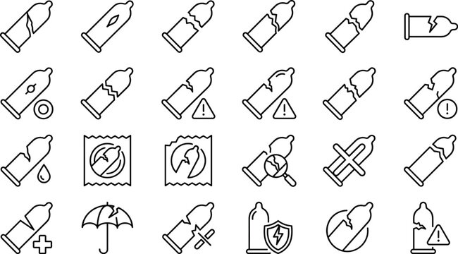 Broken Condom and Contraception Failure Line Icon Set for Sexual HealthBroken Condom and Contraception Failure Line Icon Set for Sexual Health