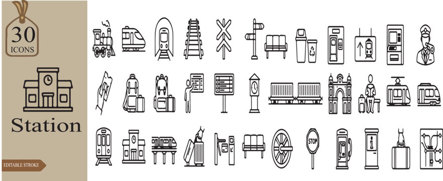 set of vector illustration of station contain bus train laugage chairs atm machine vector illustratiom