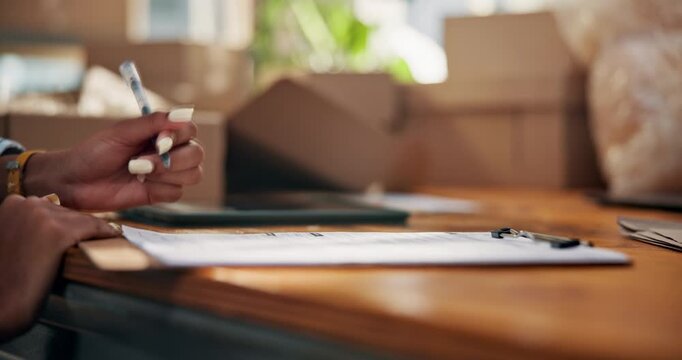 Woman, hands and writing with signature for small business management, compliance or policy. Female person, entrepreneur or signing with clipboard or boxes for startup agreement, lease or contract