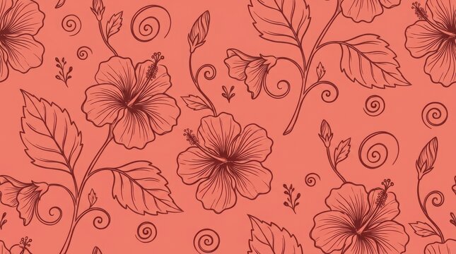 Hibiscus floral pattern in terracotta tones seamless vector illustration for tropical backgrounds