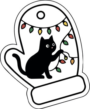 Christmas Snow Globe Style Gift Tag with Black Cat and String Lights