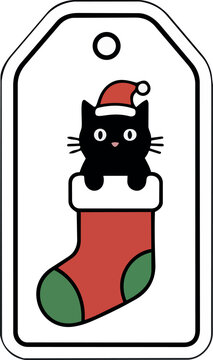 Christmas Gift Tag with Black Cat Sitting in Stocking and Santa Hat
