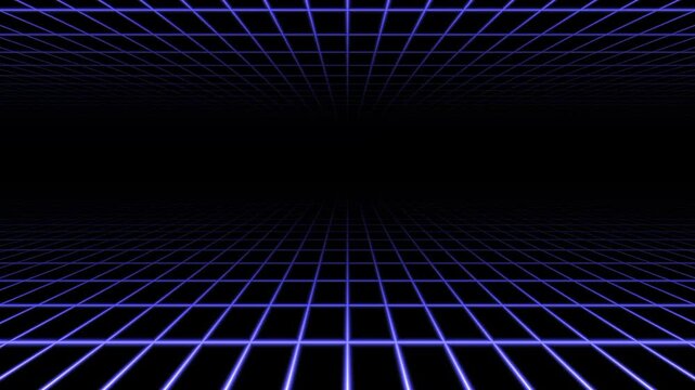 Infinite digital grid tunnel with glowing blue lines receding into a dark horizon