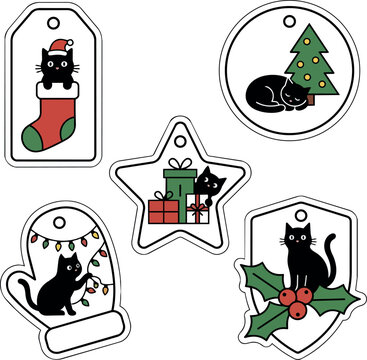 Christmas Black Cat Gift Tags Collection with Stocking, Tree, Presents, Lights and Holly