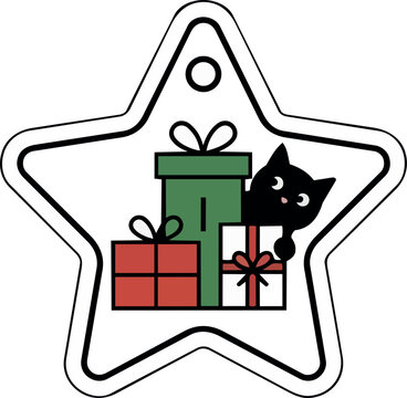 Star Shaped Christmas Gift Tag with Black Cat and Present Boxes