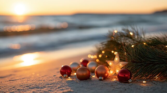 Christmas ornaments and pine branch on a sandy beach at sunset