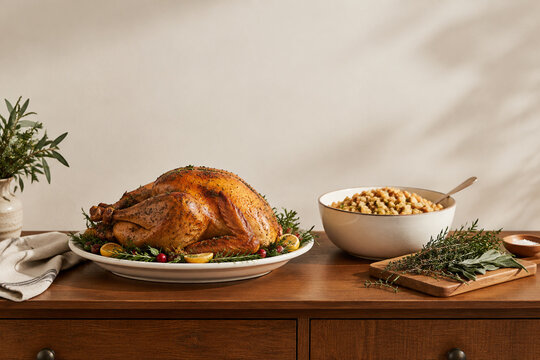 Roasted turkey, stuffing bowl and fresh herbs on wooden sideboard, Thanksgiving dinner and holiday meal prep concept
