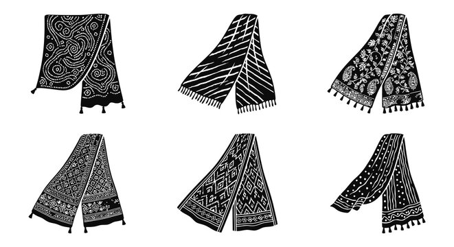 Collection of black vector scarves with various patterns and fringed edges on a white background