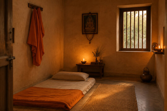 An Indian ashram room with an orange robe on the wall, lit by candlelight.
