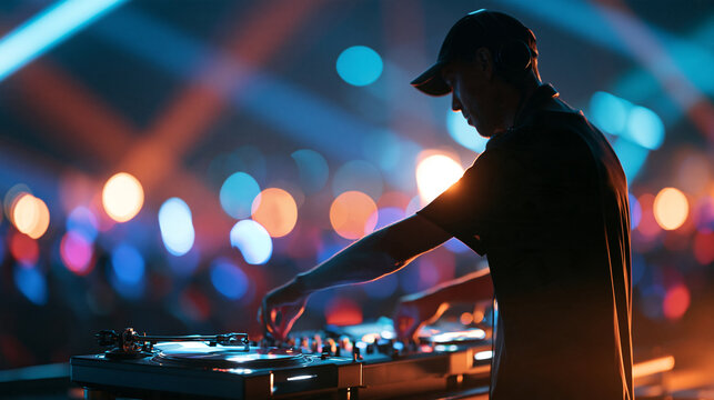 Faceless DJ at a music festival standing behind a turntable, vibrant neon lights, lasers and a dancing crowd under the night sky, with copy space