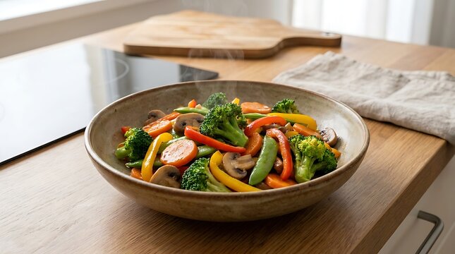 Fresh cooked vegetable stir fry with broccoli and bell peppers in a ceramic bowl on a wooden kitchen top. easy weeknight dinners