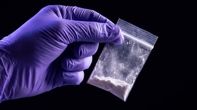Forensic Science: Gloved hand holds suspected fentanyl evidence in overdose investigation