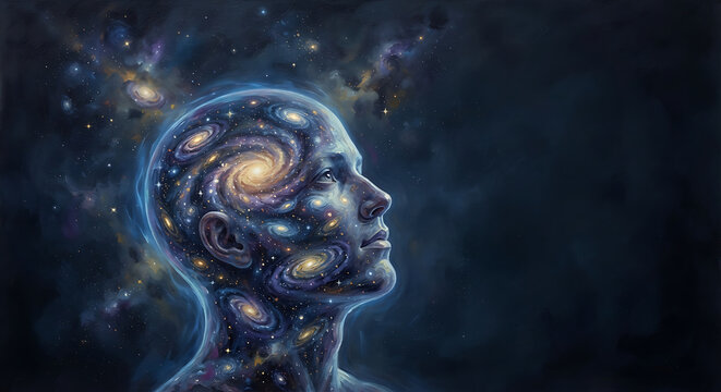 visualizing the human mind as an infinite universe, a translucent human head filled with galaxies, stars, nebulae and swirling cosmic energy, deep blue, violet and gold palette