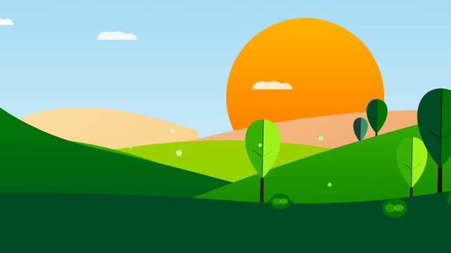 Animated rolling green hills landscape with a large glowing sun and floating particles in a minimal flat style design