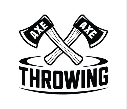 A set of three crossed axes throwing club logo emblems in black, red, and blue color variations for sports, competition, and lumberjack activity.