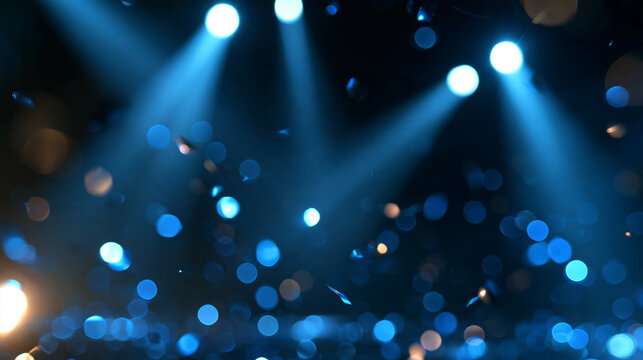 Atmospheric concert stage with blue spotlights and falling confetti, cinematic arena lighting with bokeh particles, isolated on a white background, with copy space
