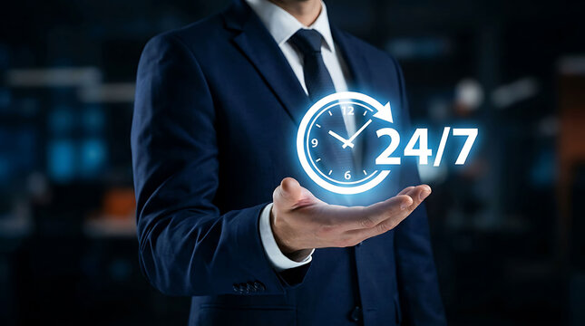 Businessman holding glowing 24 7 service clock icon representing availability