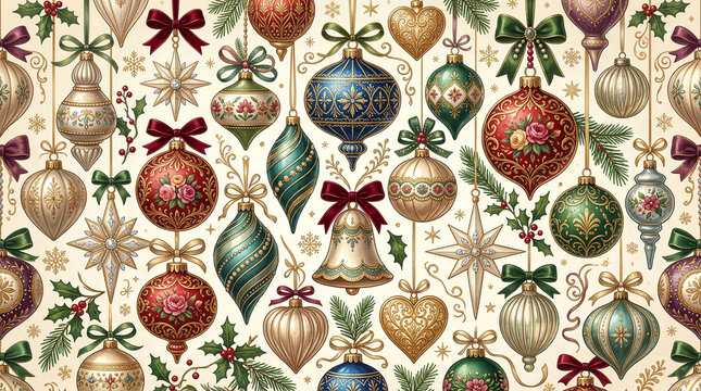 Vintage Christmas baubles and hanging ornaments pattern for elegant holiday themes.