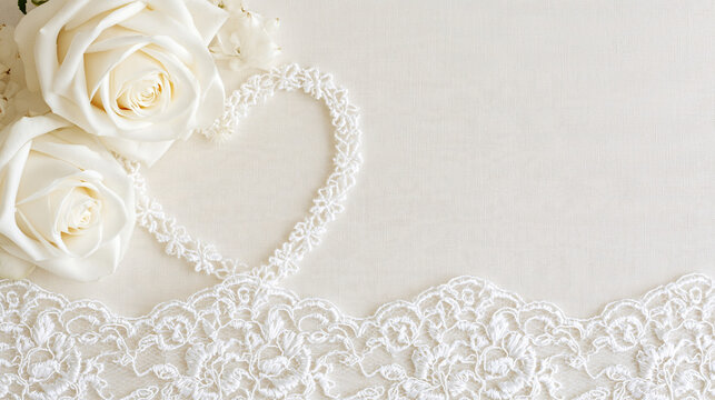 Elegant white rose and delicate lace border arrangement featuring a romantic heart-shaped frame, wedding invitation and festive stationery background, with copy space