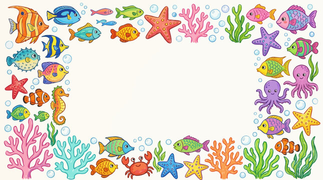 Decorative border with colorful marine life and fish for kids design