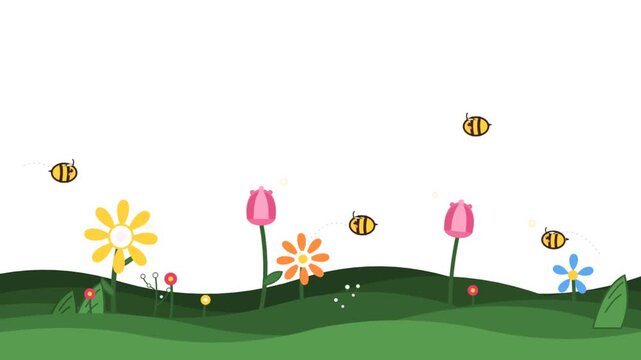Cute animated bees flying over a colorful spring meadow with flowers