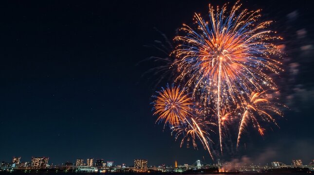 A breathtaking and spectacular fireworks display brilliantly lights up the dark night sky over a vibrant city skyline during a joyous festive