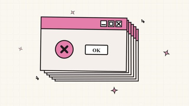 Retro computer pop up windows stacking on a grid background
