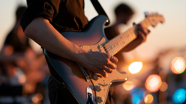 Guitar band silhouette on an outdoor stage at sunset, horizon backdrop, outdoor live music event focusing on an electric guitarist, with copy space