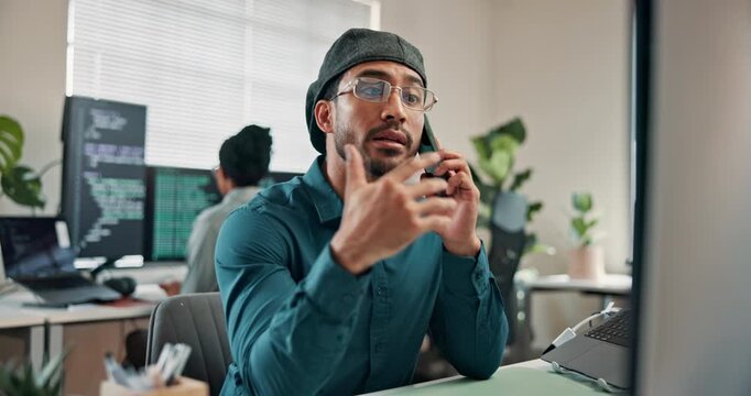 Phone call, smile and man with laptop in office, project management and software development on web. Happy person, online and communication with contact, code or IT specialist with mobile in business