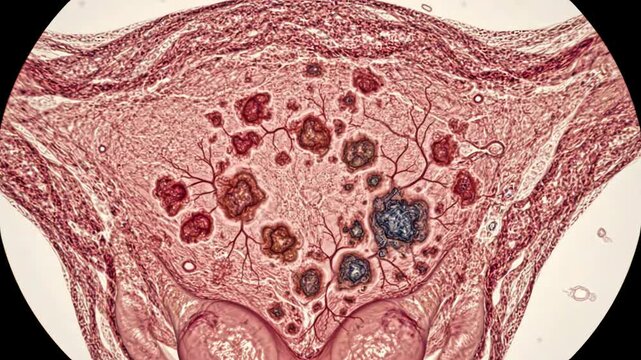 Healthy pelvic tissue toward chronic endometriosis, beginning with realistic uterine lining and surrounding pelvic connective tissue