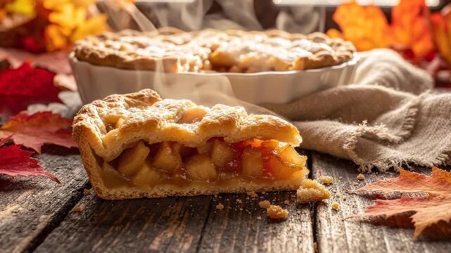 Freshly baked apple pie cooling on wooden table