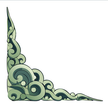 Japanese stylised cloud corner ornament in soft green. Isolated transparent vector decoration