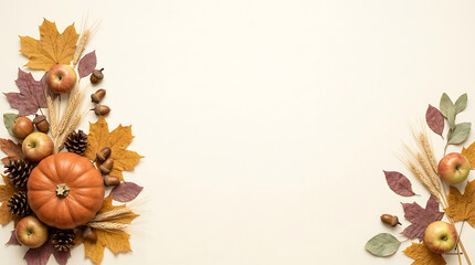 Fototapeta premium Autumnal flat lay with pumpkin apples leaves wheat and pinecones on a white background