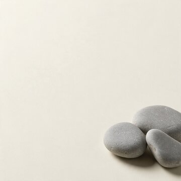 Smooth river pebbles on a neutral surface with copy space