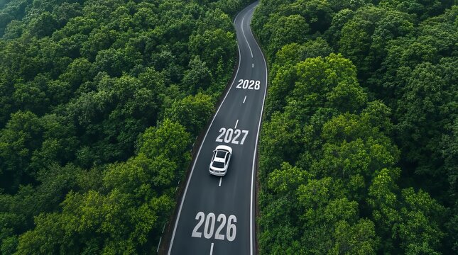 White car driving winding forest road towards 2028 future