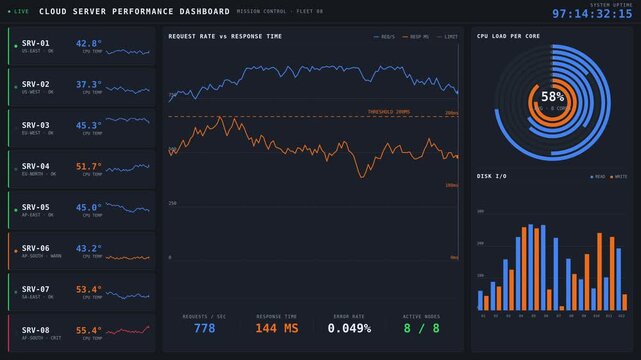 Cloud server performance dashboard showing real time network data