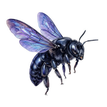 Watercolor blue carpenter bee illustration isolated on transparent background