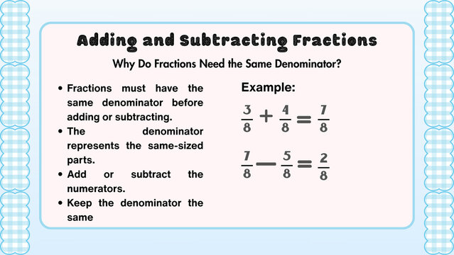 Educational poster explaining basic mathematics rules for adding and subtracting fractions with a common denominator