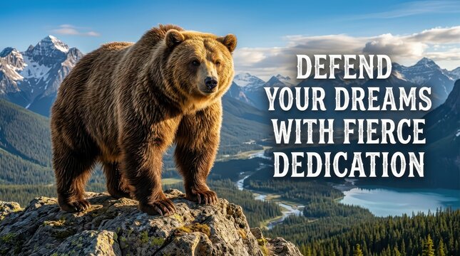 Fierce Grizzly Bear Standing on Rocky Mountain Peak with Inspiring Text Overlay