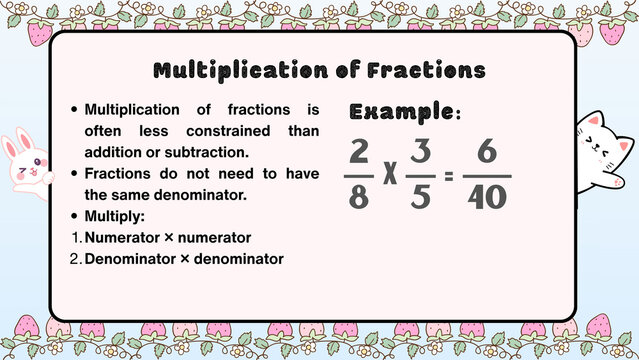 Kawaii style educational slide showing rules and example of fraction multiplication for elementary school mathematics lesson