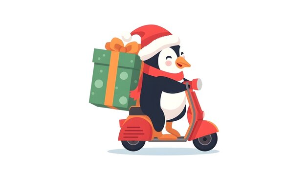 Cute penguin Christmas character carrying an oversized wrapped gift on a snowy scooter, flat vector illustration, playful winter palette, clean bold shapes, isolated character, unique commercial.
