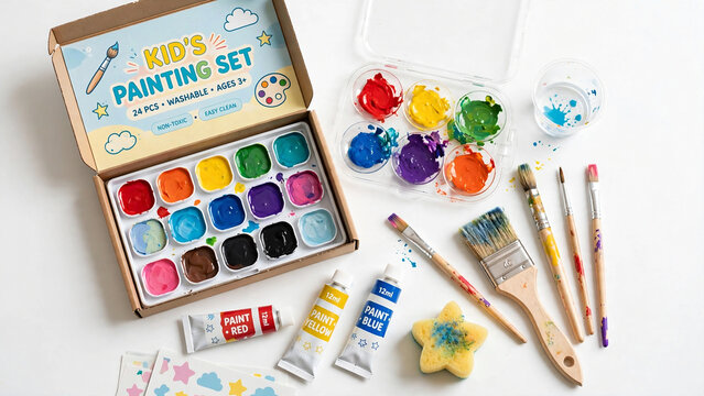 Kids washable painting set with brushes, paints, and sponge in colorful box