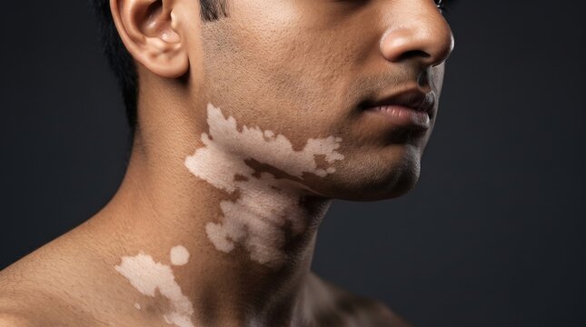 Side profile of an adult man neck and jaw showing vitiligo depigmentation skin patches