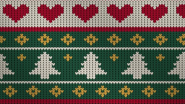 Knitted Christmas pattern with trees and hearts on green wool scrolling sideways, seamless loop