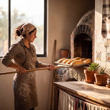 Panadera hispana sacando pan horno le&Atilde;&plusmn;a